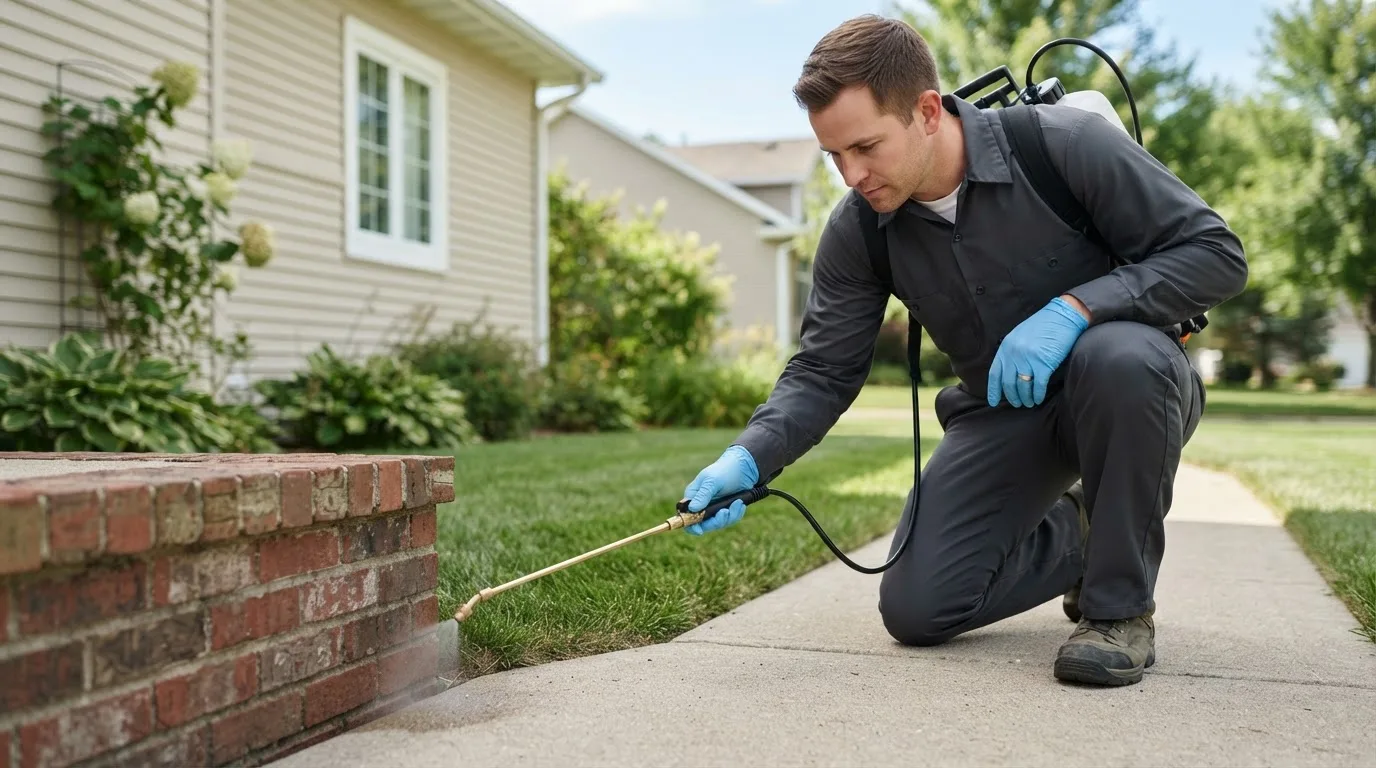 Pest control technician treating a home near Wellsville, NY